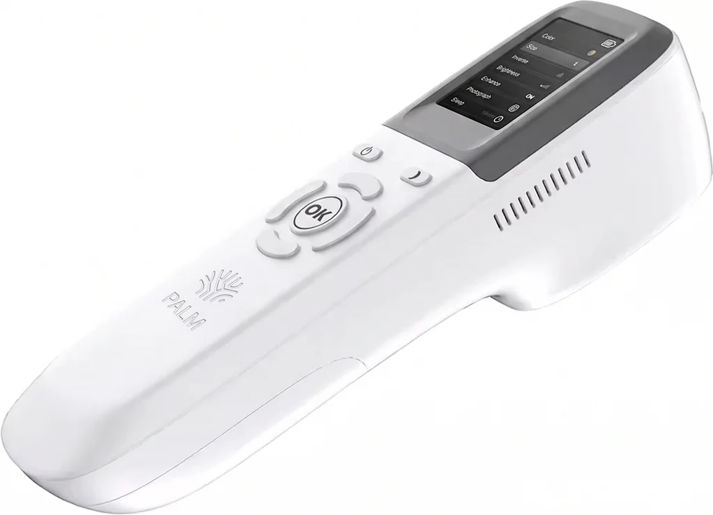 Fleboscópio Palm com tela de ajustes e botões de controle