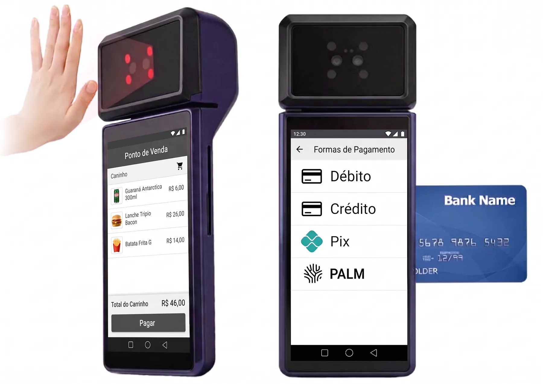 Maquininha Palm Pay com sensor de palma: tela de venda e tela de formas de pagamento