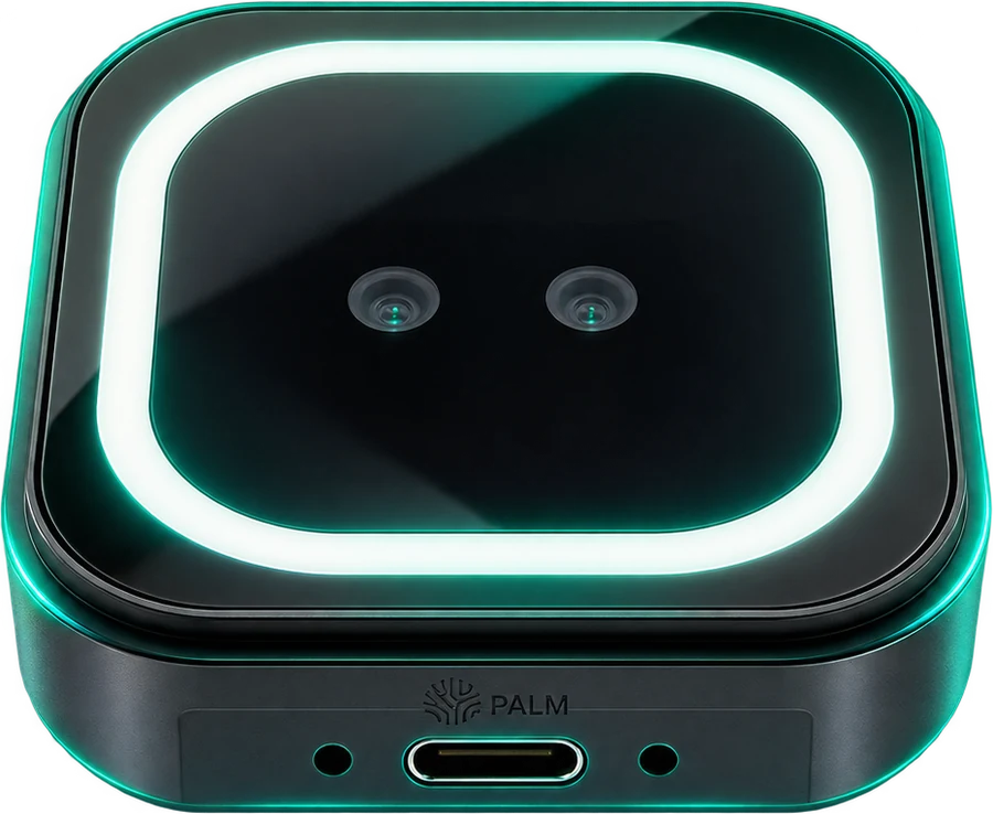L-Sensor 200 Pro de frente: anel de luz infravermelha, duas câmeras e conector USB-C