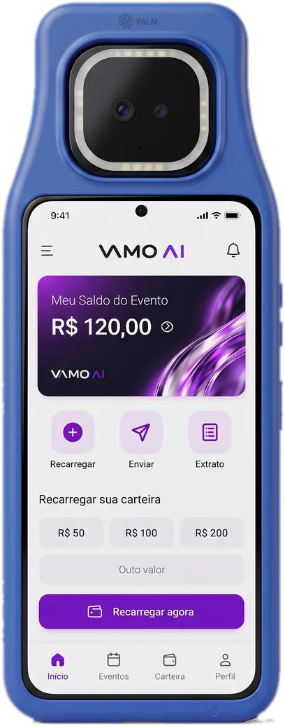 Terminal Vamo Ai com sensor de palma e app de saldo do evento